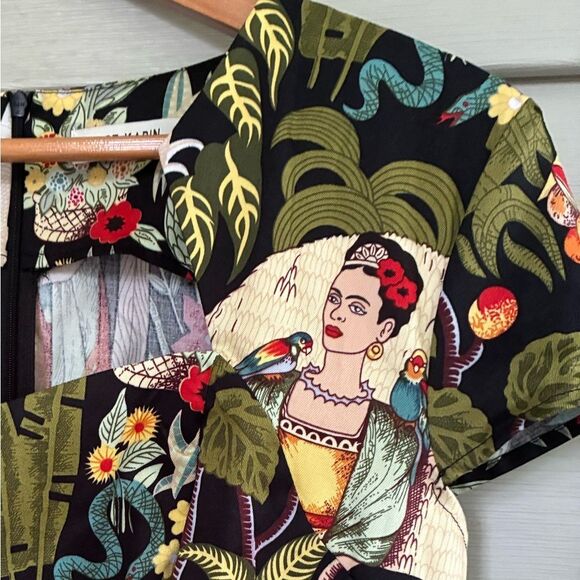GRACE KARIN tropical Frida Kahlo dress Cap-Sleeve Sweetheart Sheath Sz L artsy - Picture 2 of 16